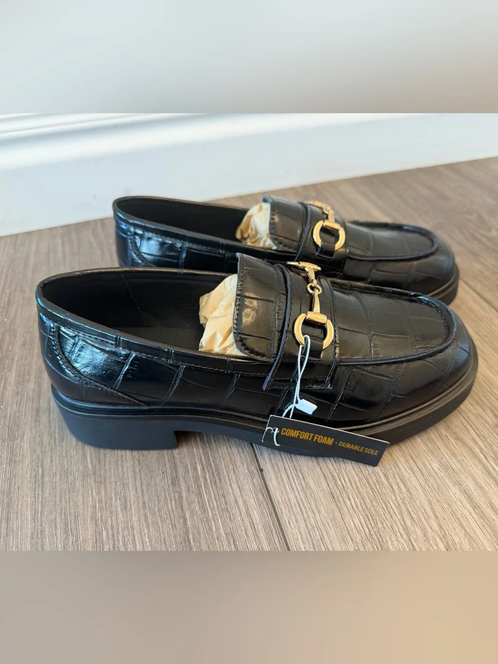 Women’s Black Croc-Embossed Slip-On Loafers with Gold Bit
